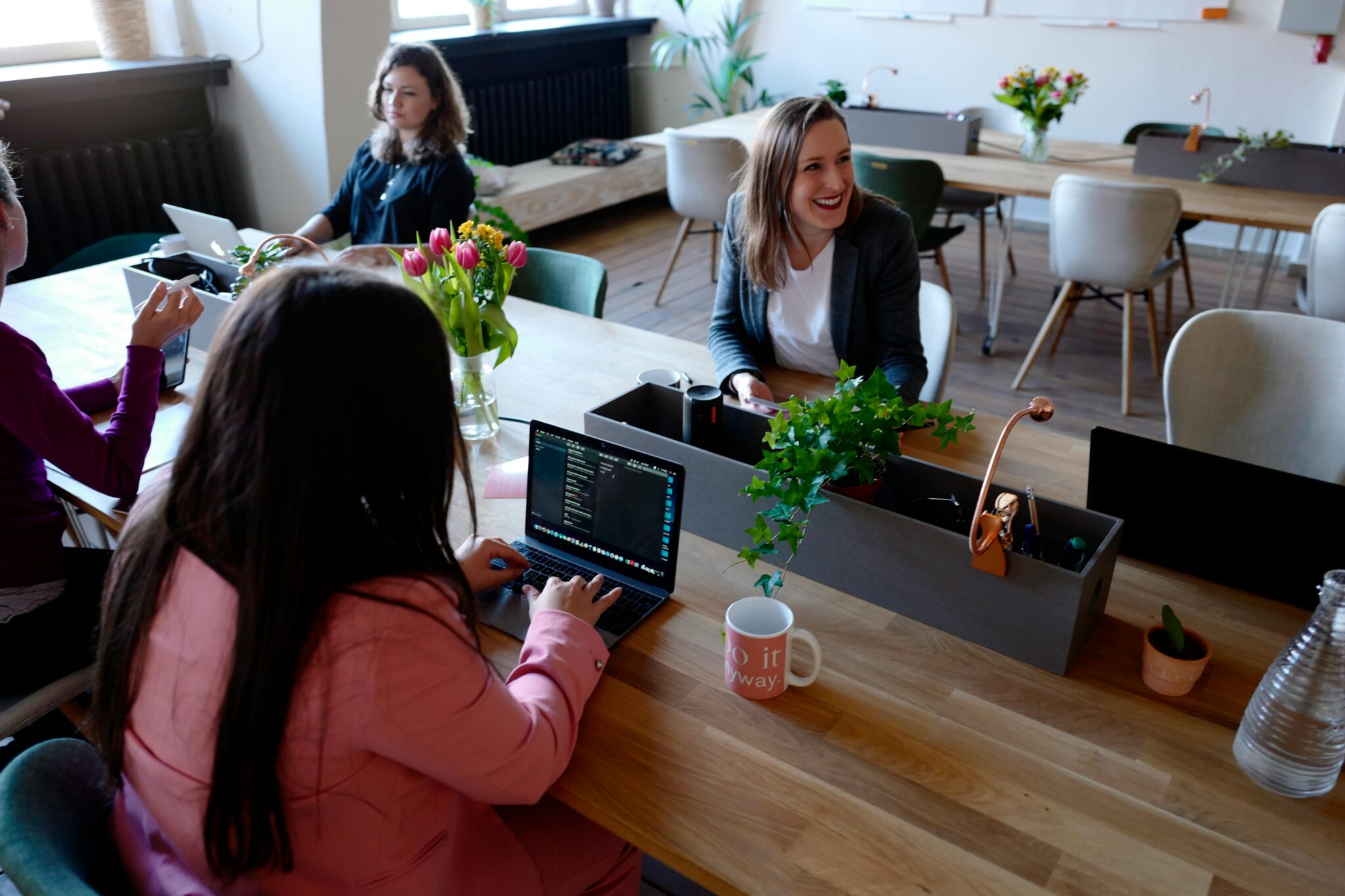 Women collaborating in a modern office environment with laptops and indoor plants, fostering teamwork.
